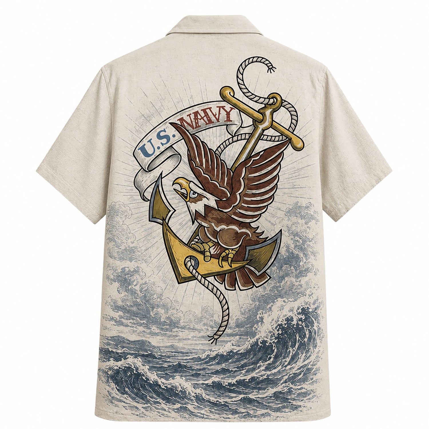 Back view mockup of the beige military shirt showing a detailed traditional style screaming eagle clutching a golden naval anchor over ocean waves