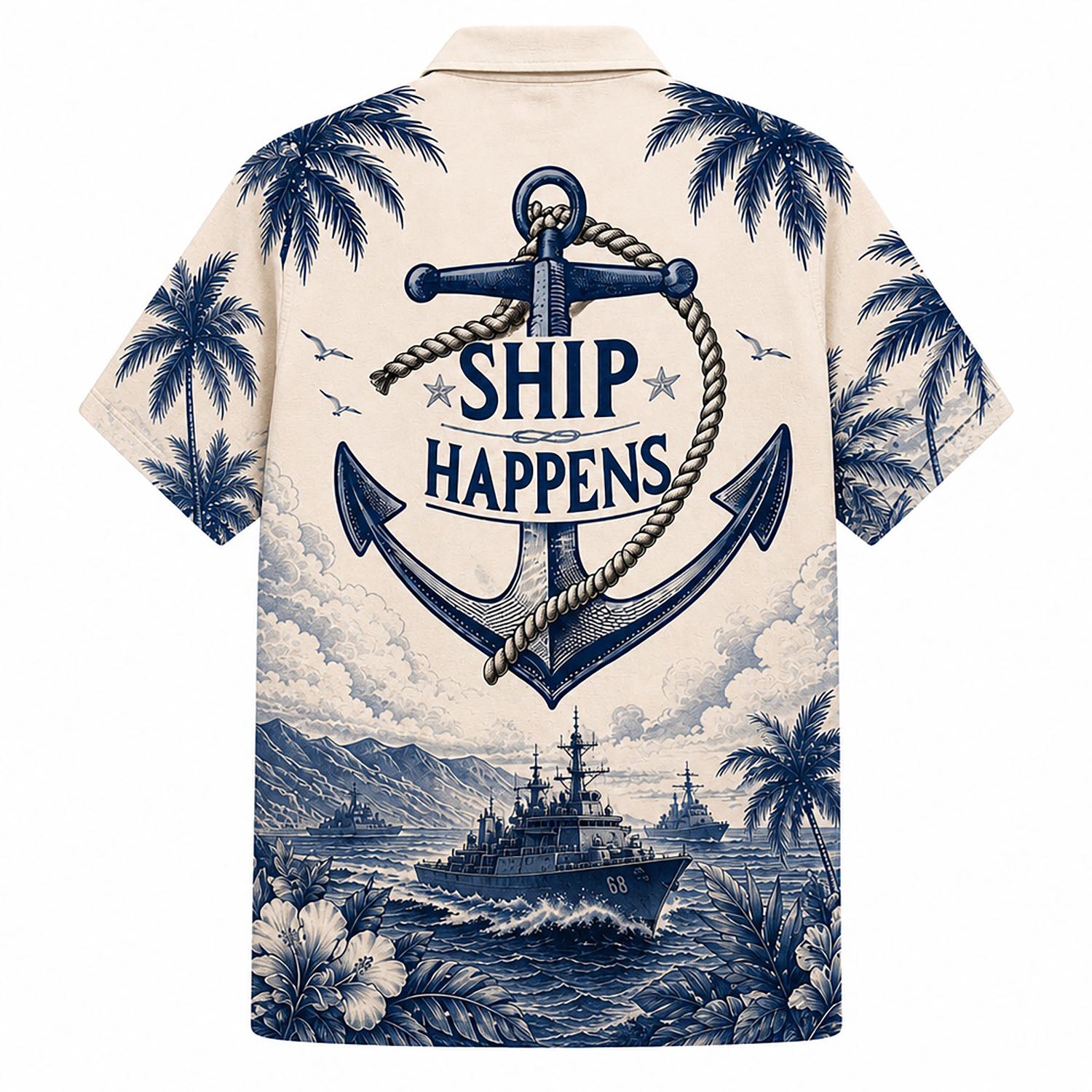 Back view mockup of the beige military shirt displaying a giant anchor graphic with the funny phrase Ship Happens above a naval warship fleet