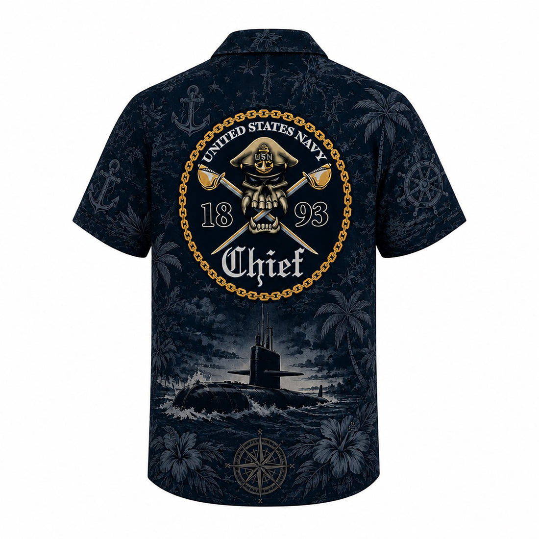 Front flat-lay view of the Personalized US Navy Submarine Chief Hawaiian Shirt with a custom name slot and a navy submarine silhouette