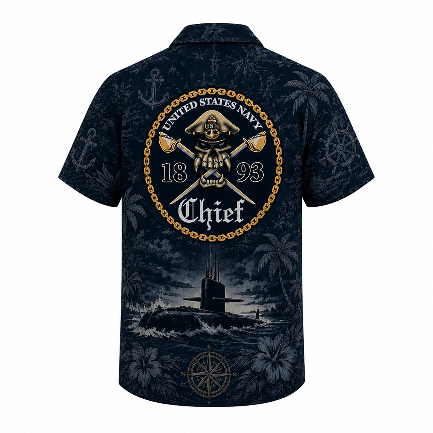 Back view mockup of the US Navy Submarine Chief shirt showcasing a large 1893 military skull and crossed swords gold emblem