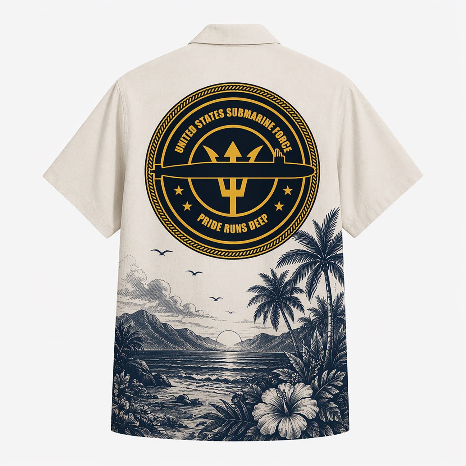Back view mockup of the cream military shirt showing a large circular gold and navy United States Submarine Force emblem layout