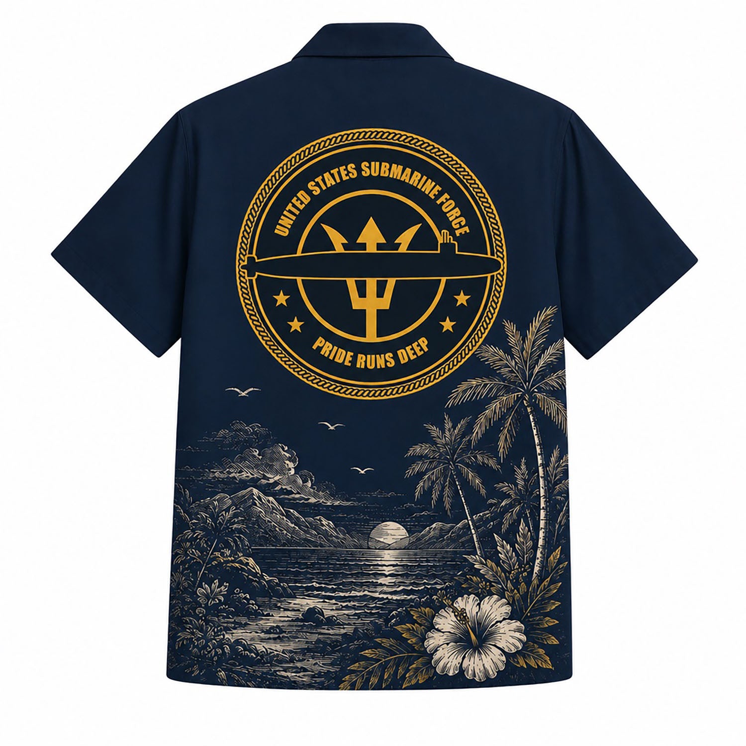 Back view mockup of the navy blue military shirt showing a large circular gold and dark blue United States Submarine Force emblem layout