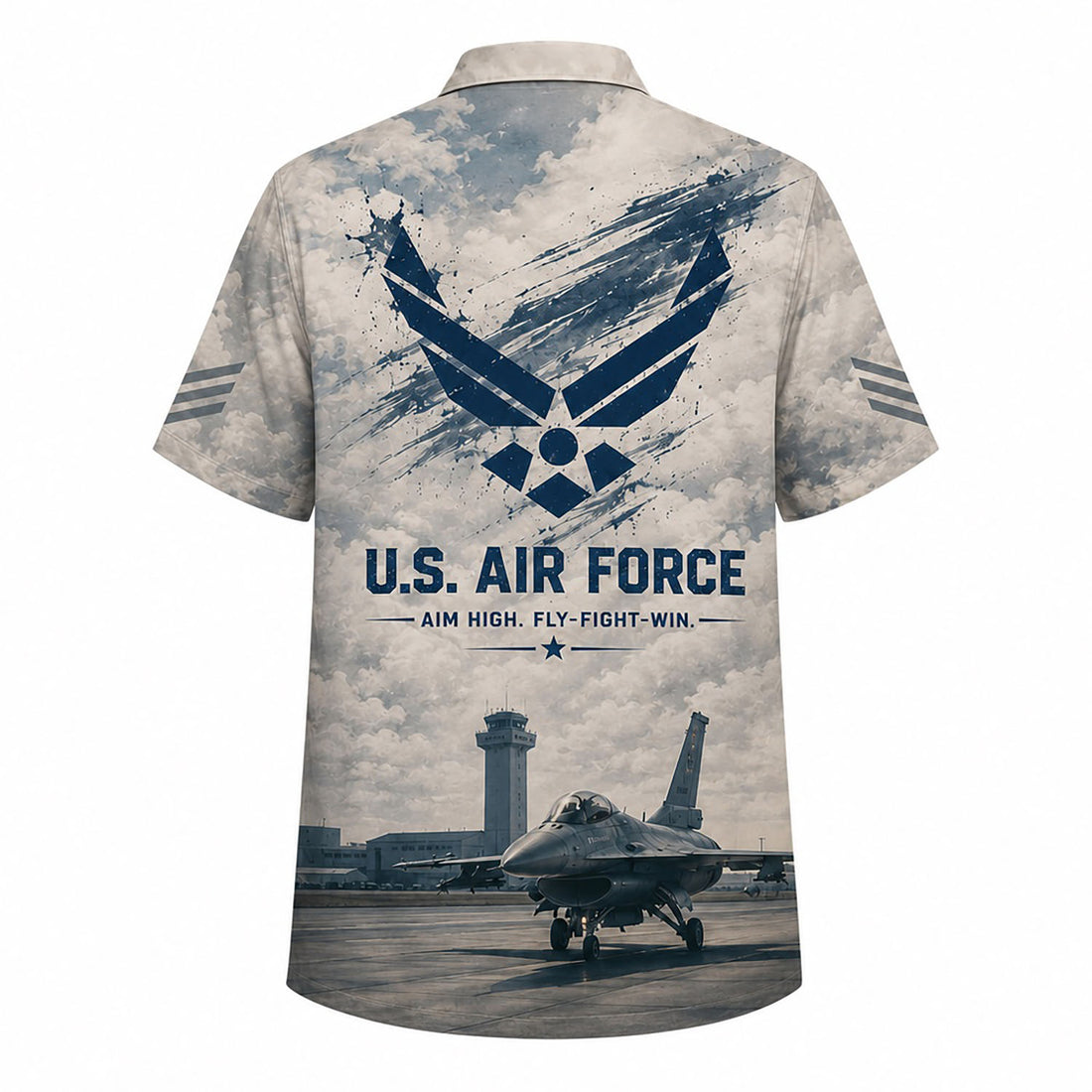 Front flat-lay view of the Vintage Chalk F-16 Fighting Falcon Hawaiian Shirt with custom nameplate, USAF text, and fighter jets squadron in flight over a cloudy background