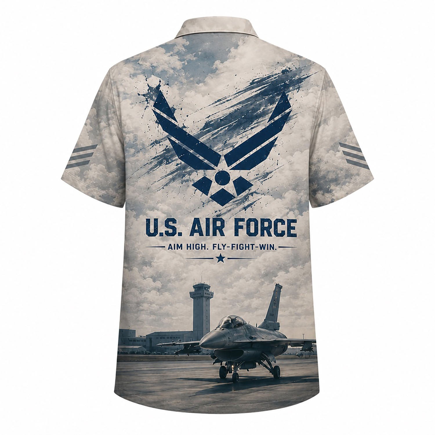 Back flat-lay view of the military shirt showcasing a large grunge-styled U.S. Air Force logo, the motto "Aim High. Fly-Fight-Win.", and an F-16 jet on the tarmac
