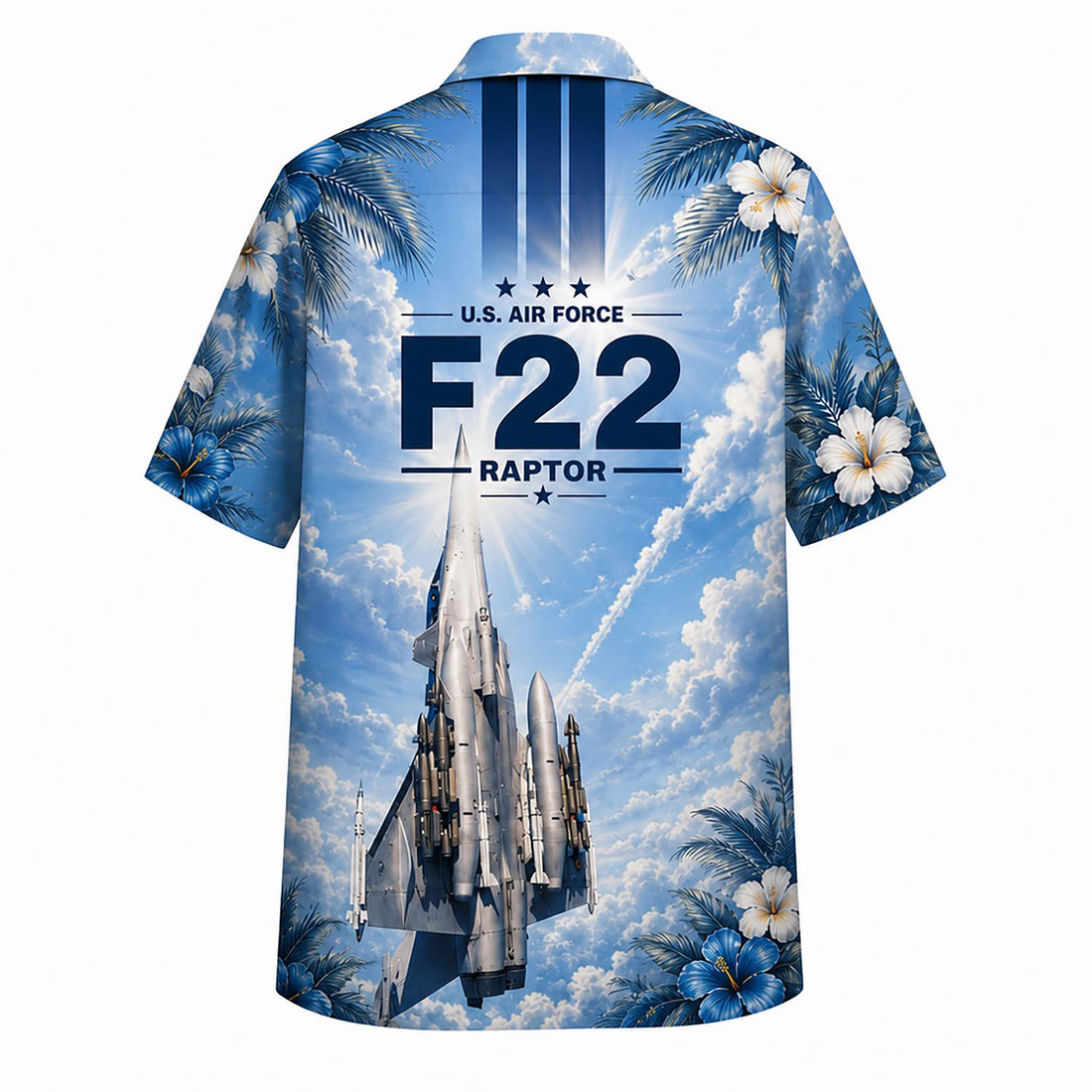 Front flat-lay view of the sky blue F-22 Raptor Hawaiian shirt featuring a bold vertical F22 graphic, custom name block, and tropical hibiscus borders