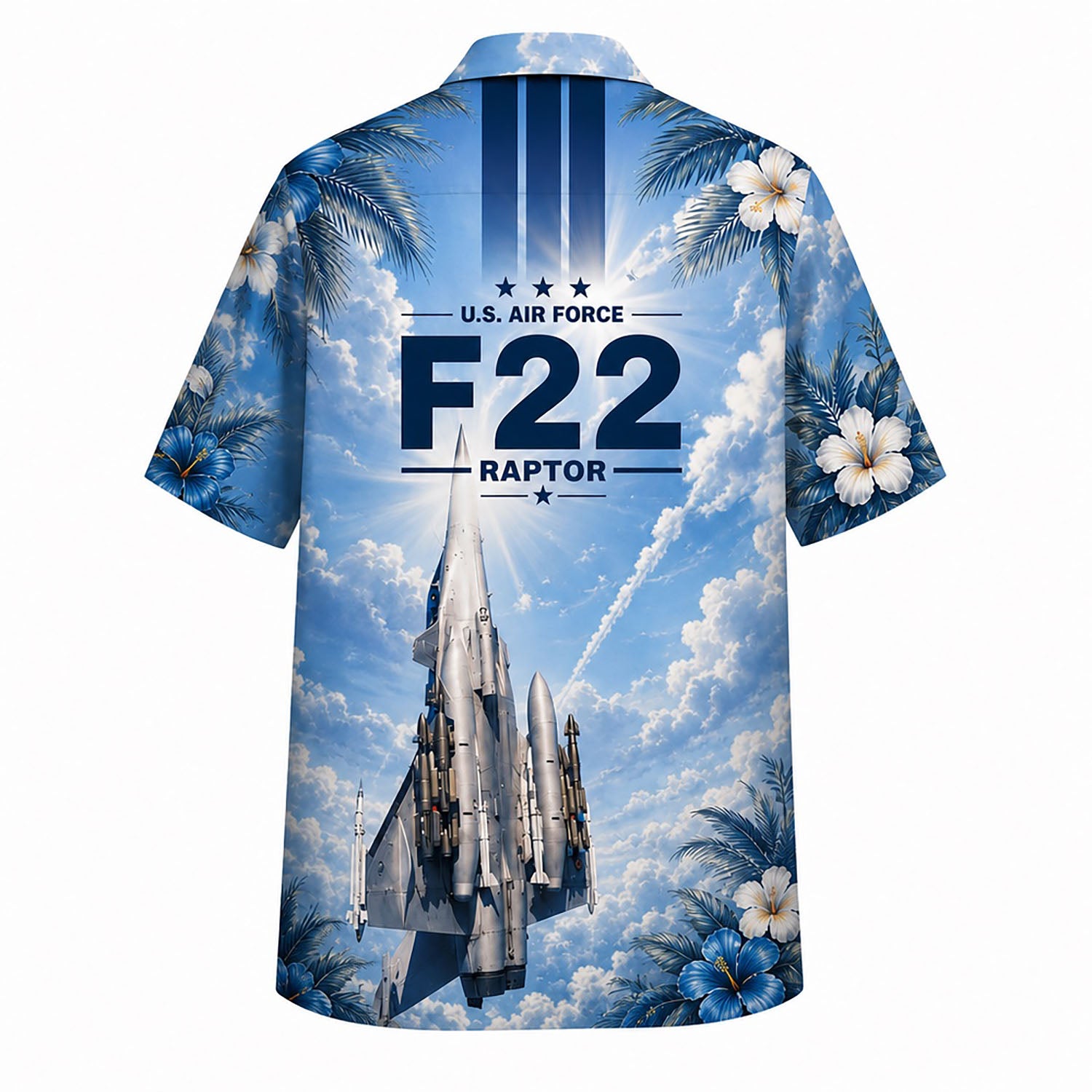 Back flat-lay view of the shirt showing the stealth fighter jet climbing into sunlit clouds with a prominent "F22 RAPTOR" military header and vertical stripes
