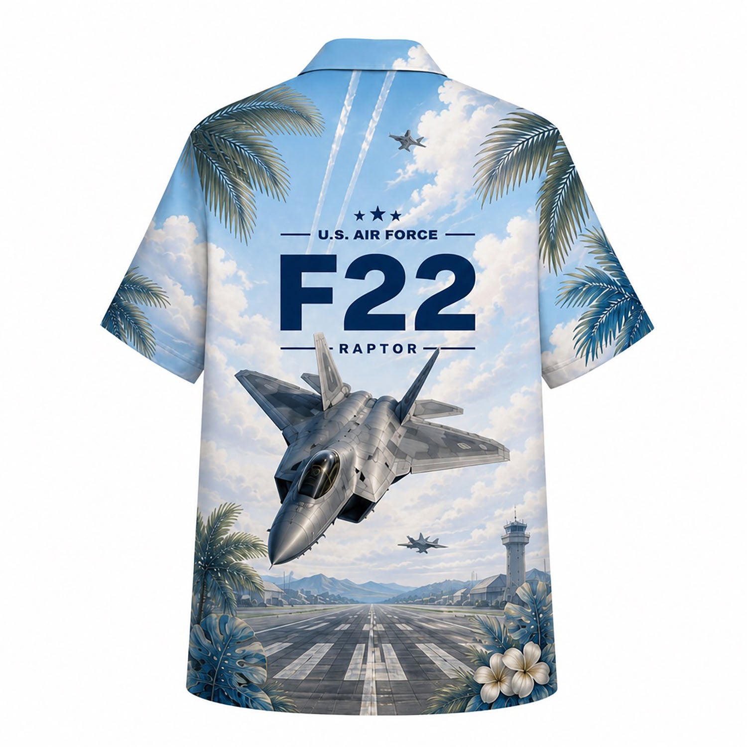 Back flat-lay view of the shirt showcasing a detailed F-22 Raptor taking off from a coastal military runway with bold "F22 RAPTOR" text and palm trees