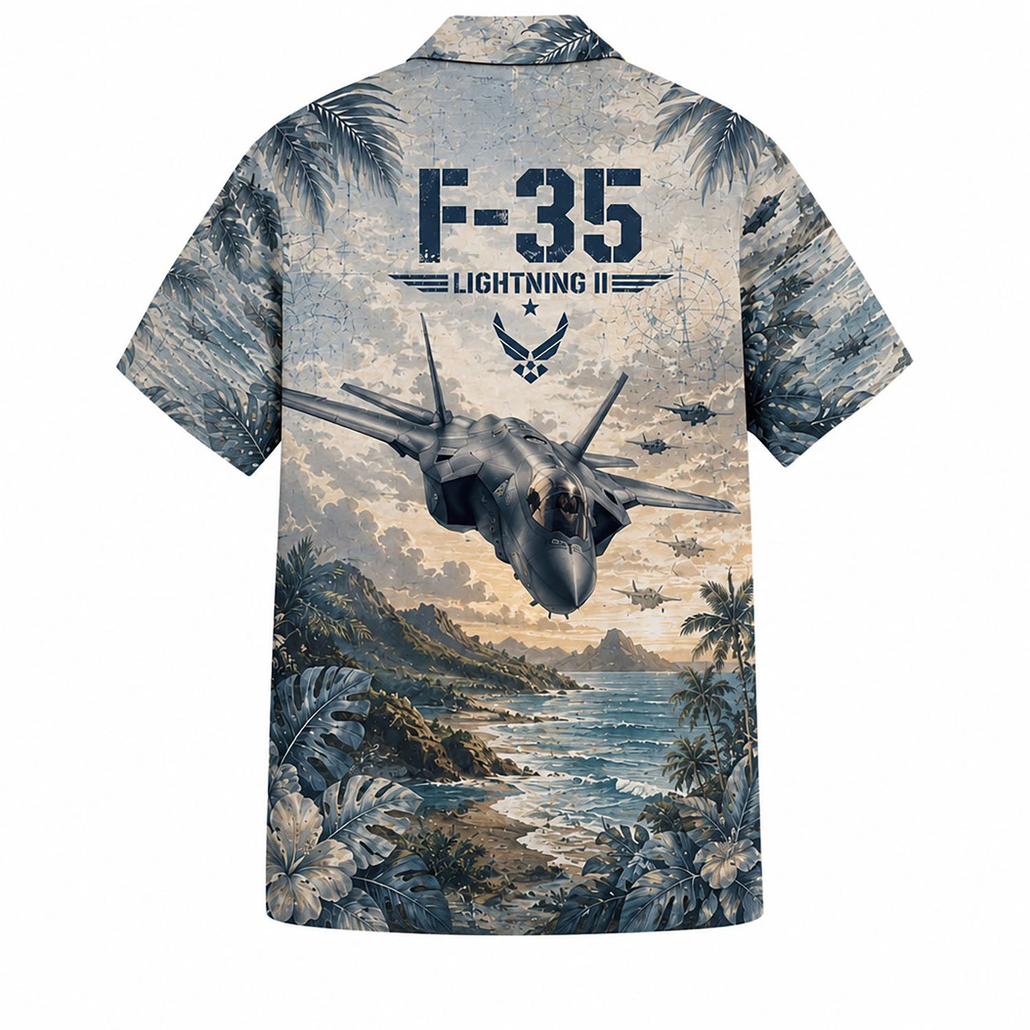 Back flat-lay view of the shirt showing a bold F-35 Lightning II design, official USAF wing logo, and a fighter jet diving past coastal islands