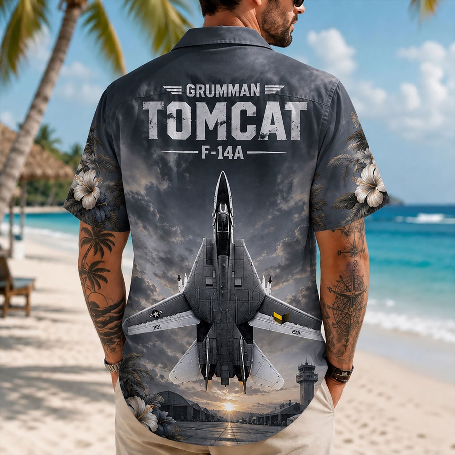 Back view lifestyle of a male model highlighting the distressed military flight headers, detailed aircraft wingspan, and tropical palm border