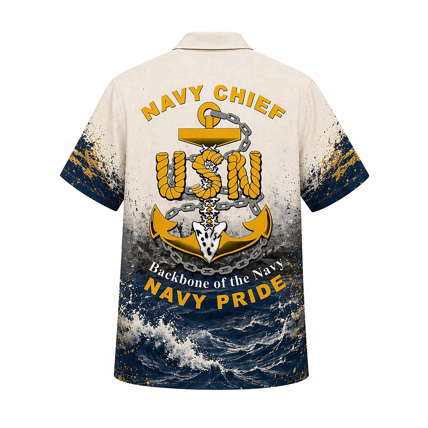 Back view mockup of the military CPO shirt showing a massive gold anchor crest, splash paint art, and "NAVY CHIEF - Backbone of the Navy" text