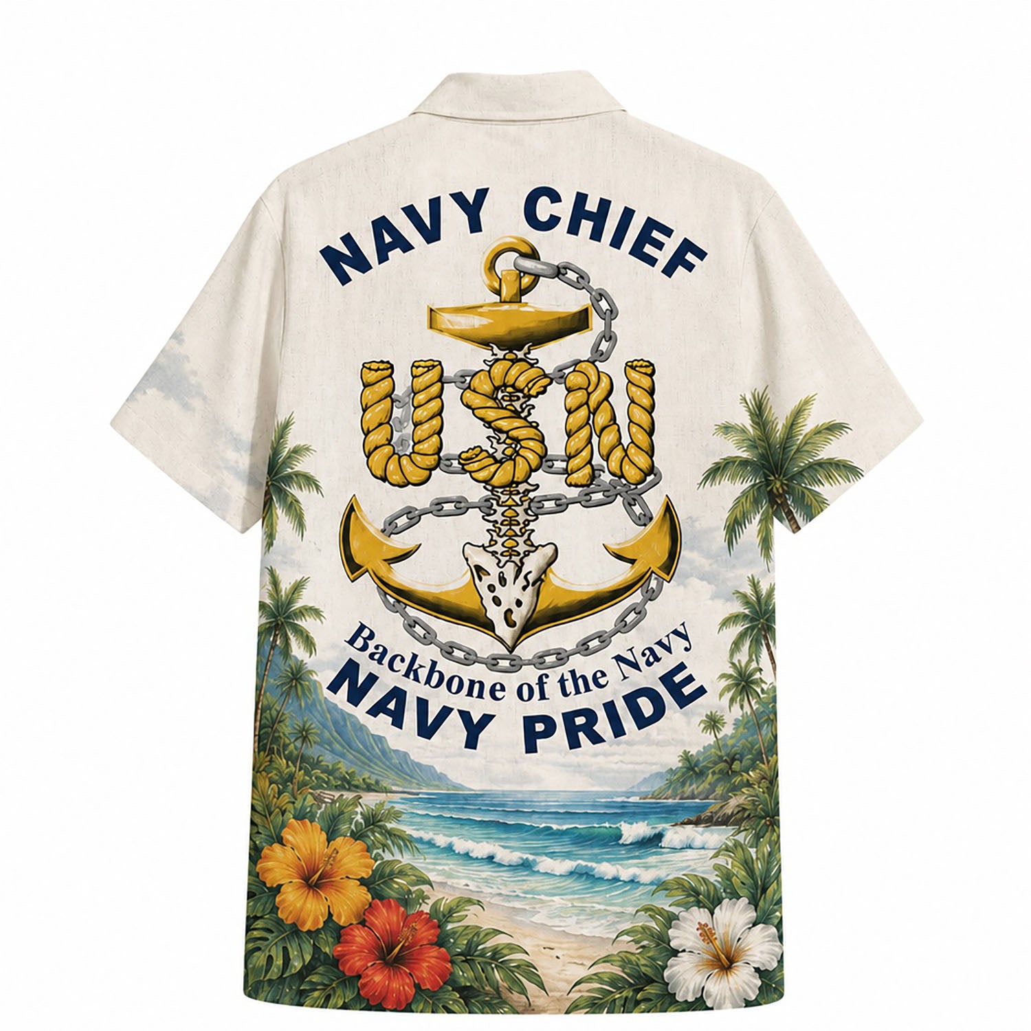 Back view mockup of the military CPO pride shirt featuring a large golden anchor crest and the slogan "NAVY CHIEF - Backbone of the Navy"