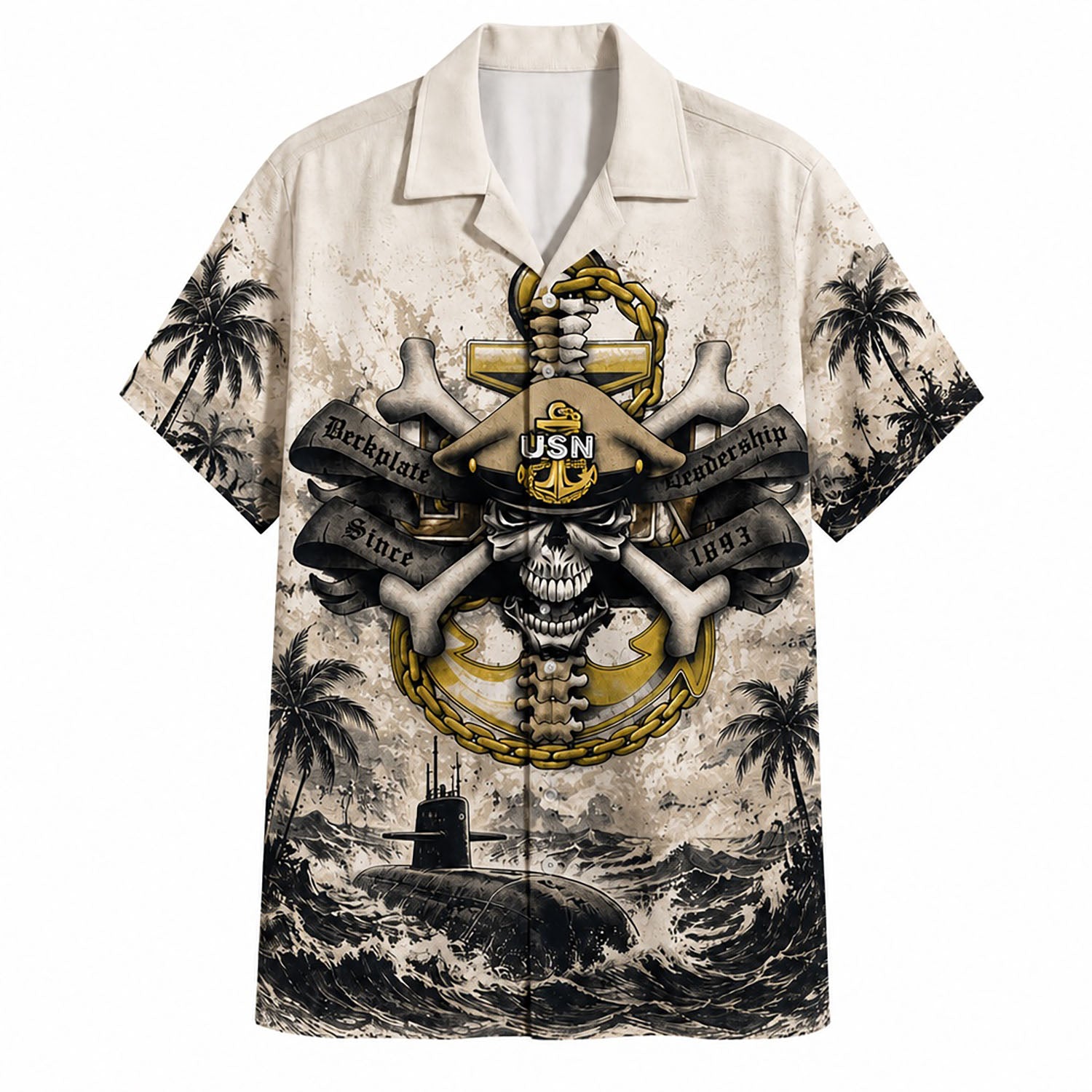 Front flat-lay view of the Vintage Cream USN Chief Skull Hawaiian Shirt showing a navy anchor, skull tattoo art, and a submarine on rough waves