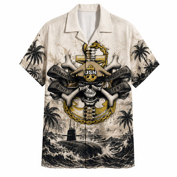 Front flat-lay view of the Vintage Cream USN Chief Skull Hawaiian Shirt showing a navy anchor, skull tattoo art, and a submarine on rough waves