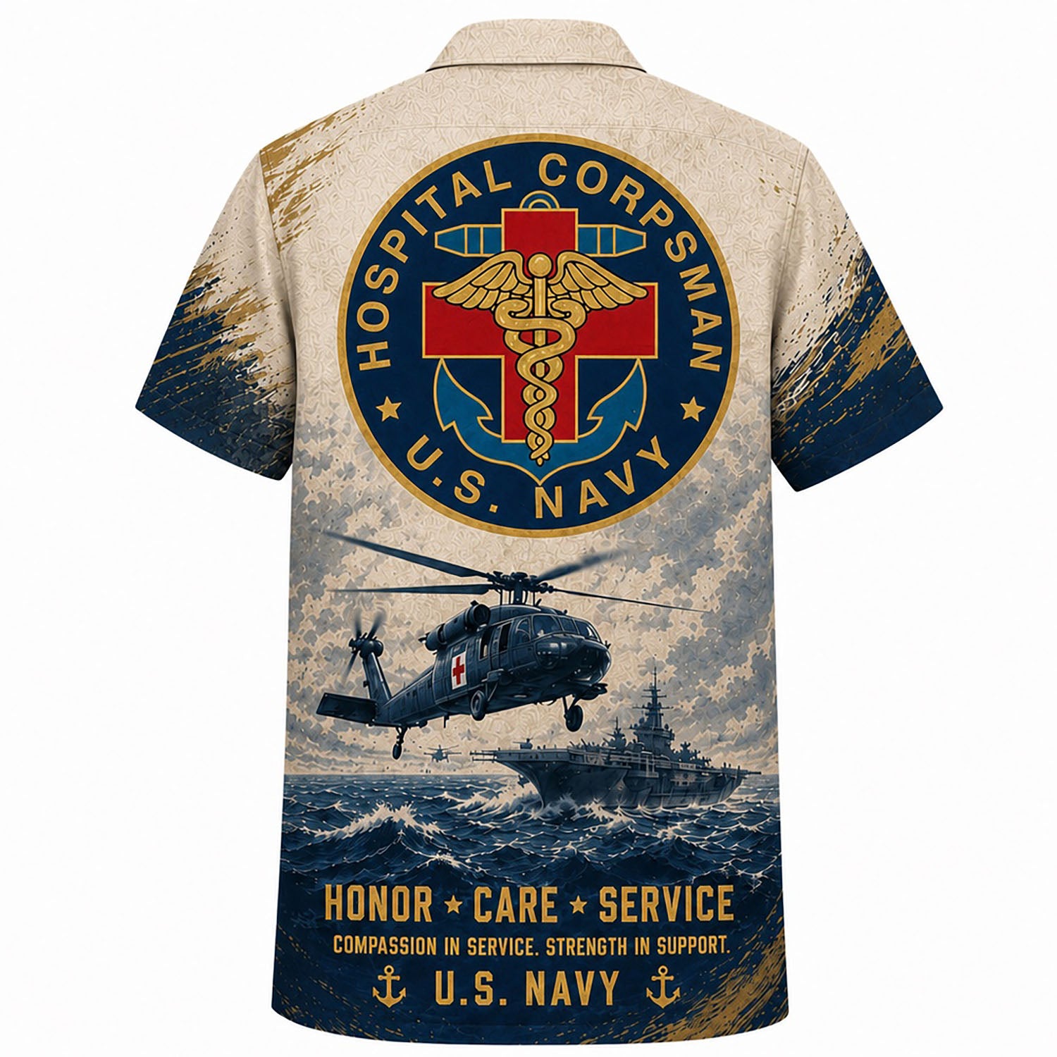 Back view mockup of the military medical shirt featuring the large USN Hospital Corpsman insignia and "HONOR CARE SERVICE" motto