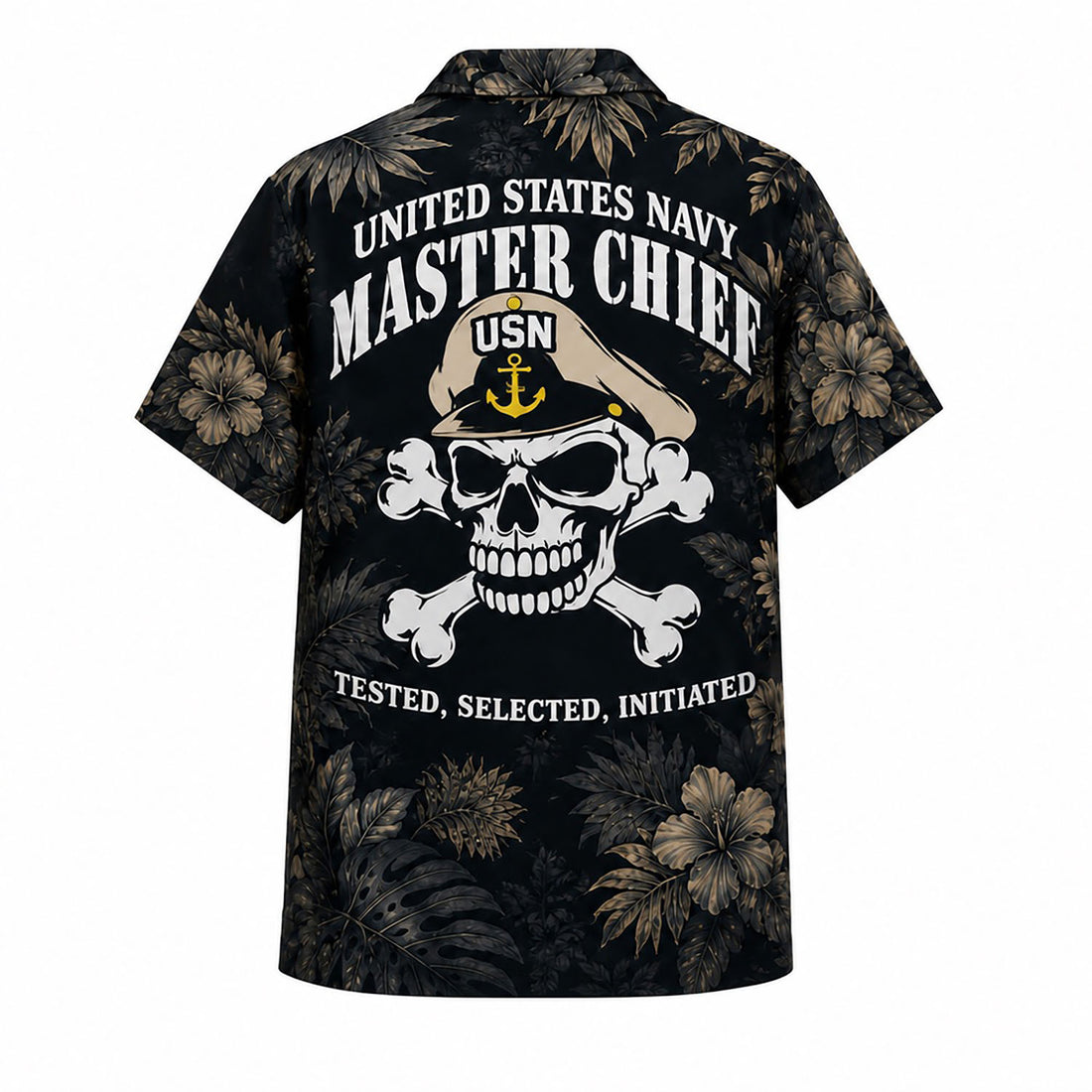 Front flat-lay view of the Personalized US Navy Master Chief Skull Hawaiian Shirt with custom name layout and sepia tropical floral patterns