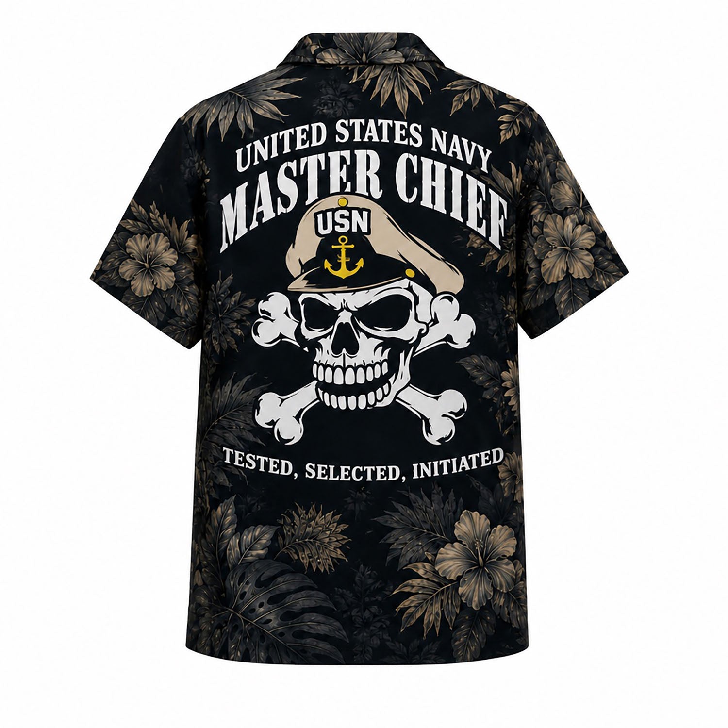 Back view mockup of the black military shirt showcasing a large Master Chief skull with crossbones and official naval rank typography