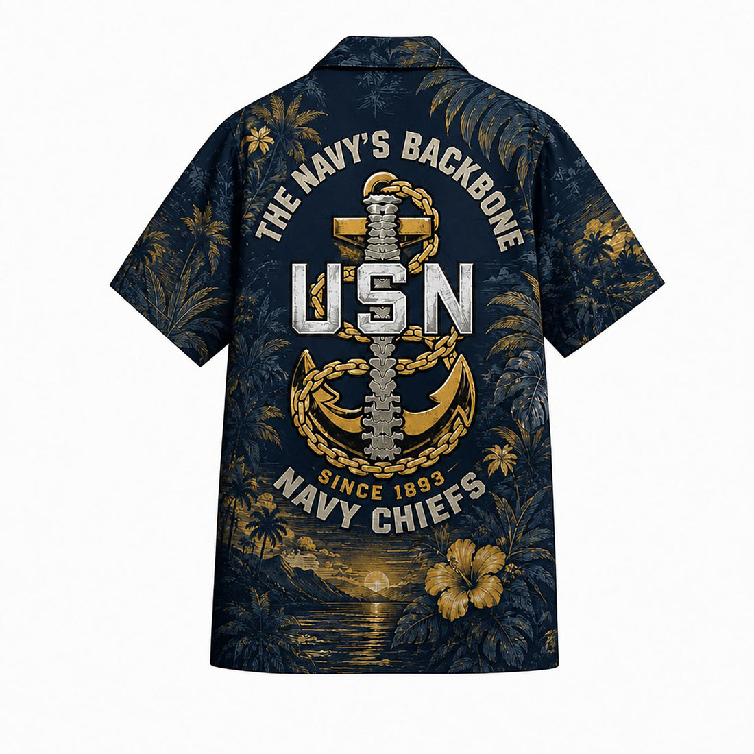 Front flat-lay view of the Personalized US Navy Chiefs Hawaiian Shirt with golden yellow hibiscus prints, custom name, and USN anchor logo