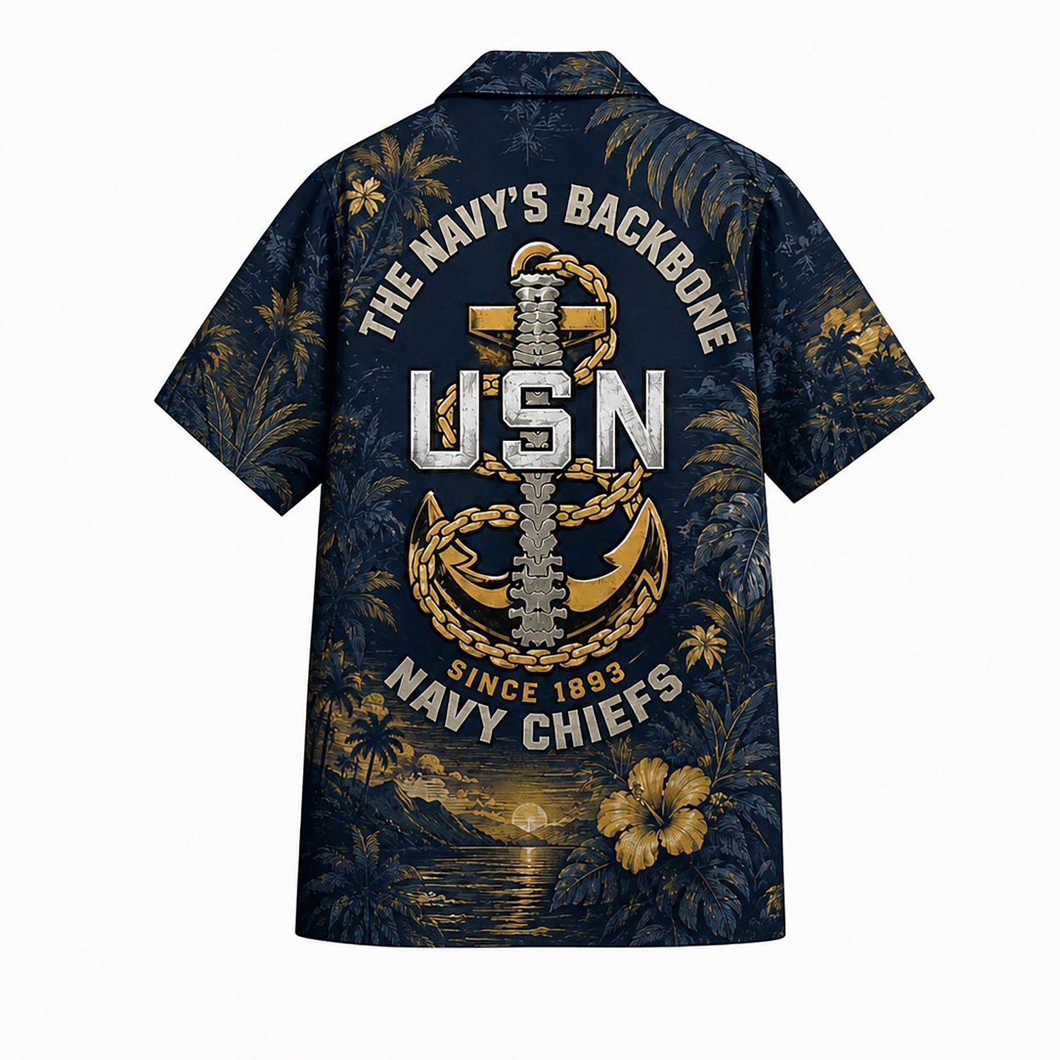 Back view mockup of the navy blue military shirt showing a large backbone fouled anchor emblem and the text "The Navy's Backbone Since 1893"