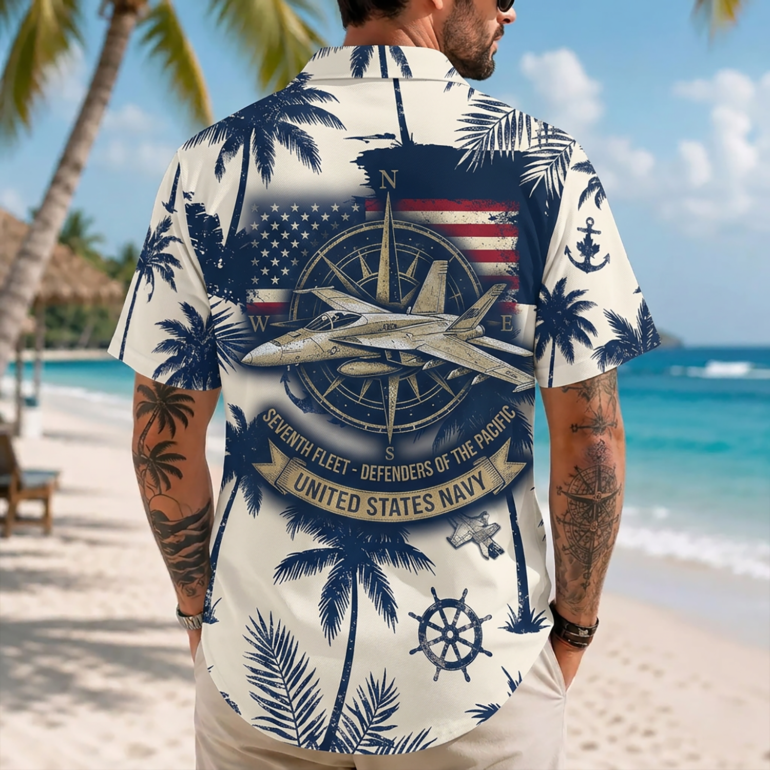 Mens US Navy Hawaiian Shirt Back View Featuring FA-18 Super Hornet Jet With Compass And Seventh Fleet Banner
