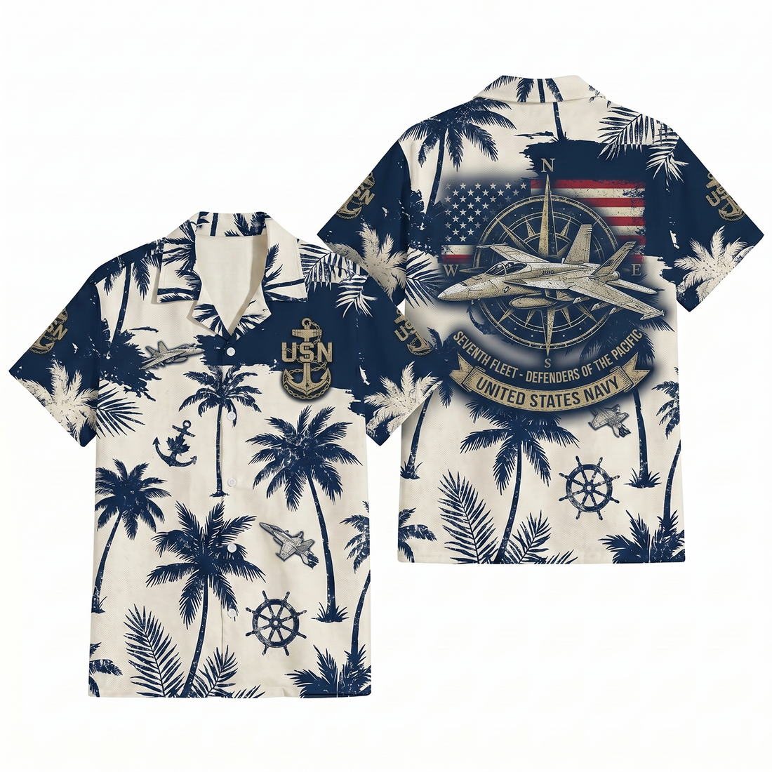 Mens USN Seventh Fleet Patriotic Hawaiian Shirt Defenders of the Pacific Edition Flat Layout