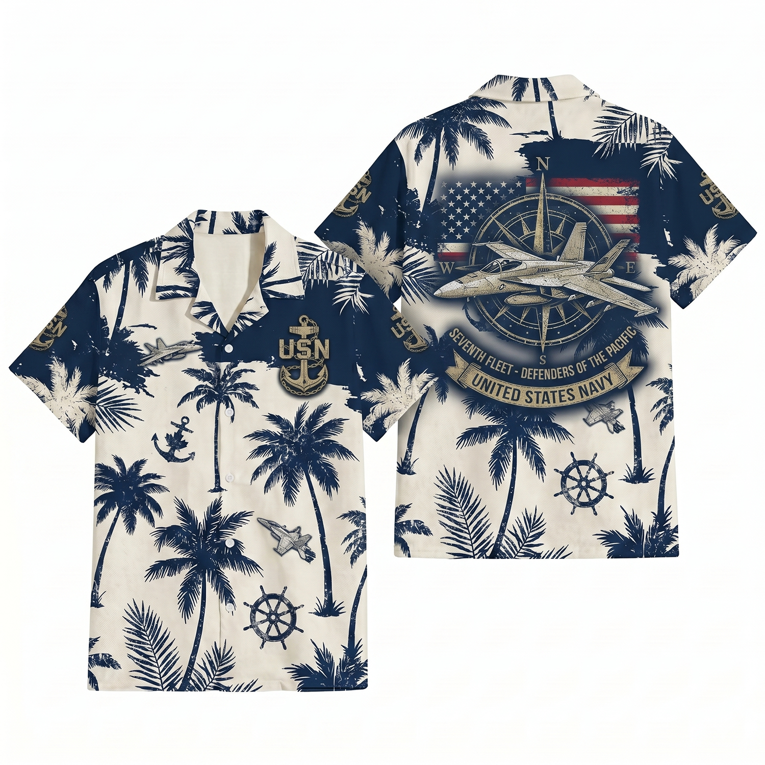 Mens USN Seventh Fleet Patriotic Hawaiian Shirt Defenders of the Pacific Edition Flat Layout