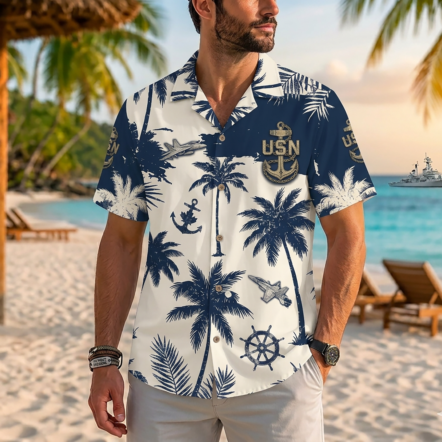 Mens US Navy Hawaiian Shirt Front View Showing Detailed USN Anchor Crest On Model