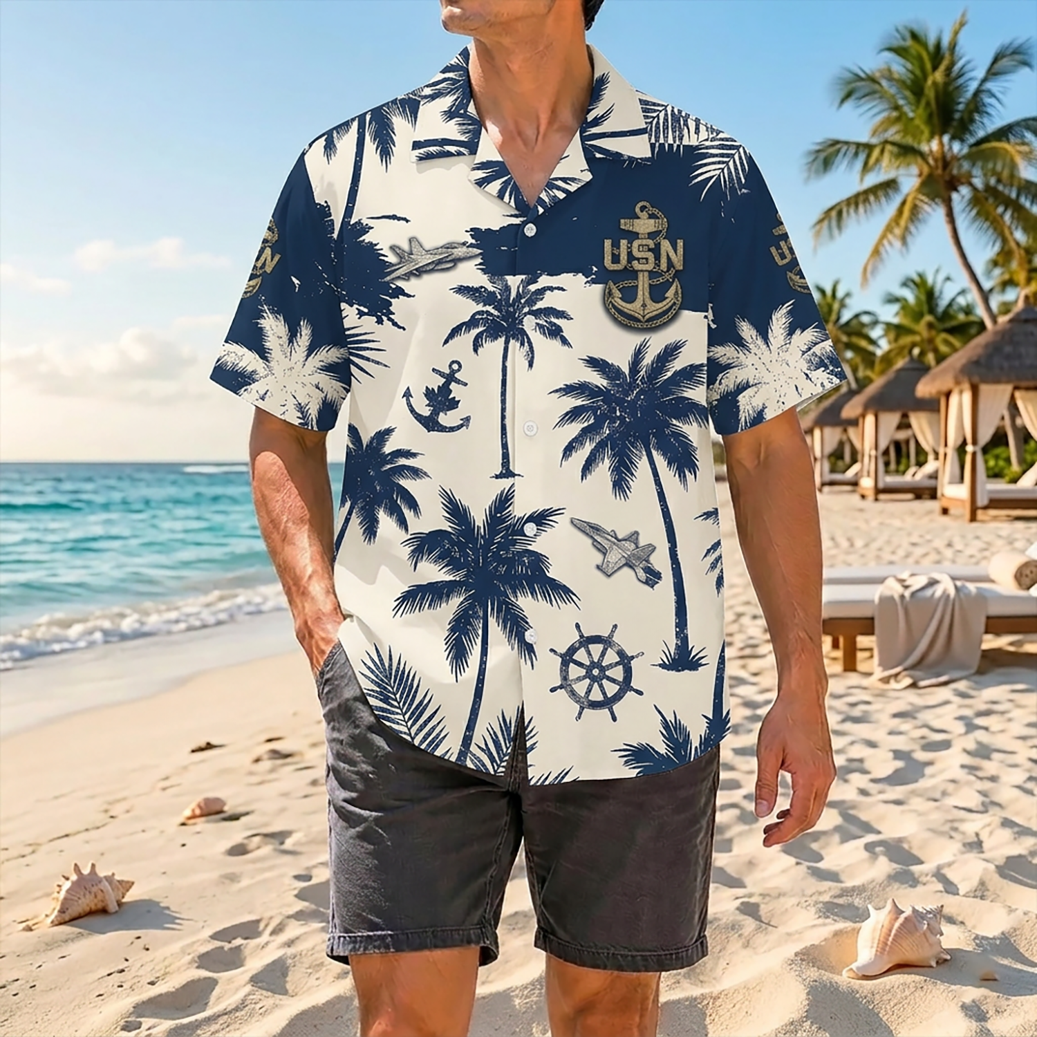Proud Sailor Wearing Matching USN Seventh Fleet Patriotic Hawaiian Shirt On A Tropical Beach