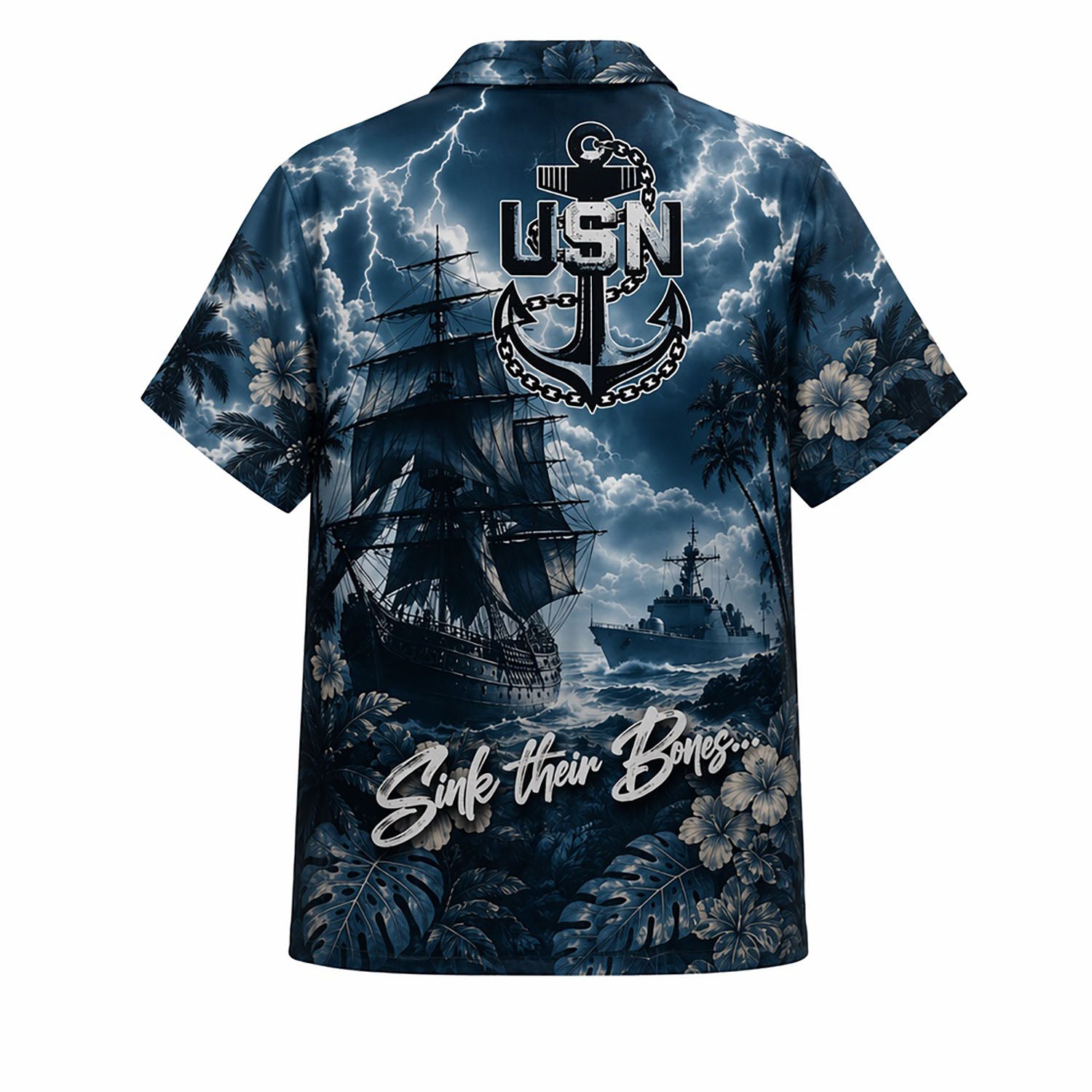 Back view mockup of the dark navy military shirt featuring a large USN anchor chain emblem and the tactical phrase "Sink Their Bones..."