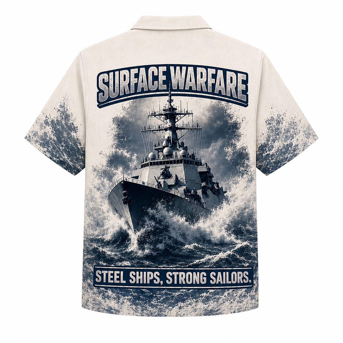 Front flat-lay view of the Personalized US Navy Surface Warfare Hawaiian Shirt with custom name, navy rank insignia, and an epic battleship crashing through ocean waves
