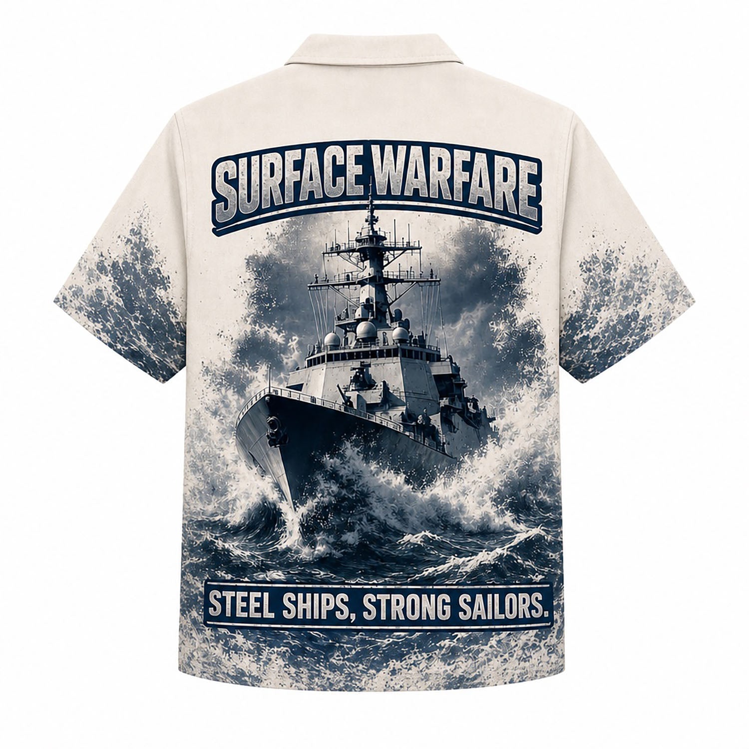 Back view mockup of the military navy shirt featuring the bold text "SURFACE WARFARE" and the legendary motto "STEEL SHIPS, STRONG SAILORS