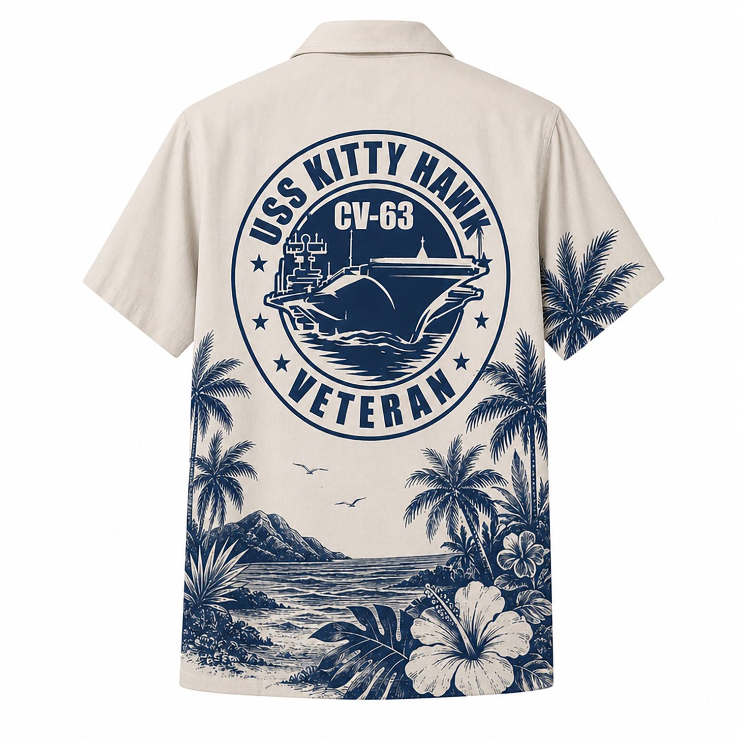 Back view mockup of the beige veteran shirt showing the large circular USS Kitty Hawk CV-63 Veteran military seal with coast scenery