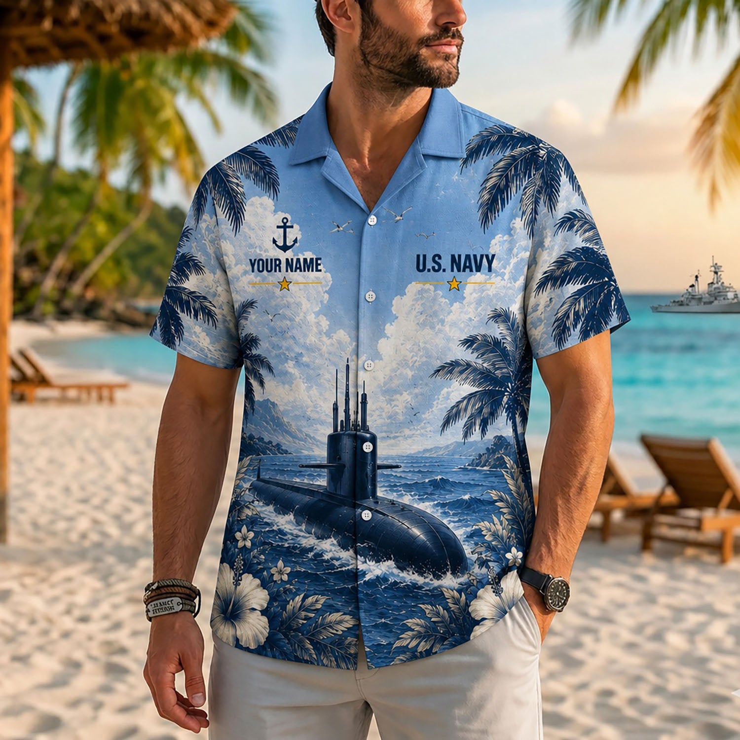 Close-up front view of a male model on a tropical beach wearing the personalized classic blue US Navy historic submarine Hawaiian shirt