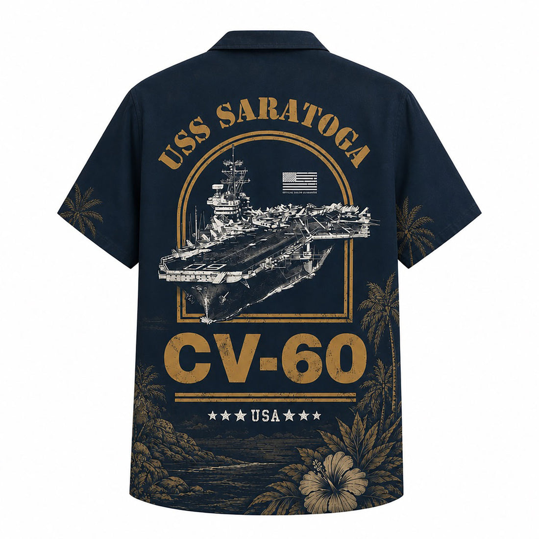 Front flat-lay view of the Personalized USS Saratoga CV-60 Hawaiian Shirt in navy blue with gold-toned supercarrier line art and custom name