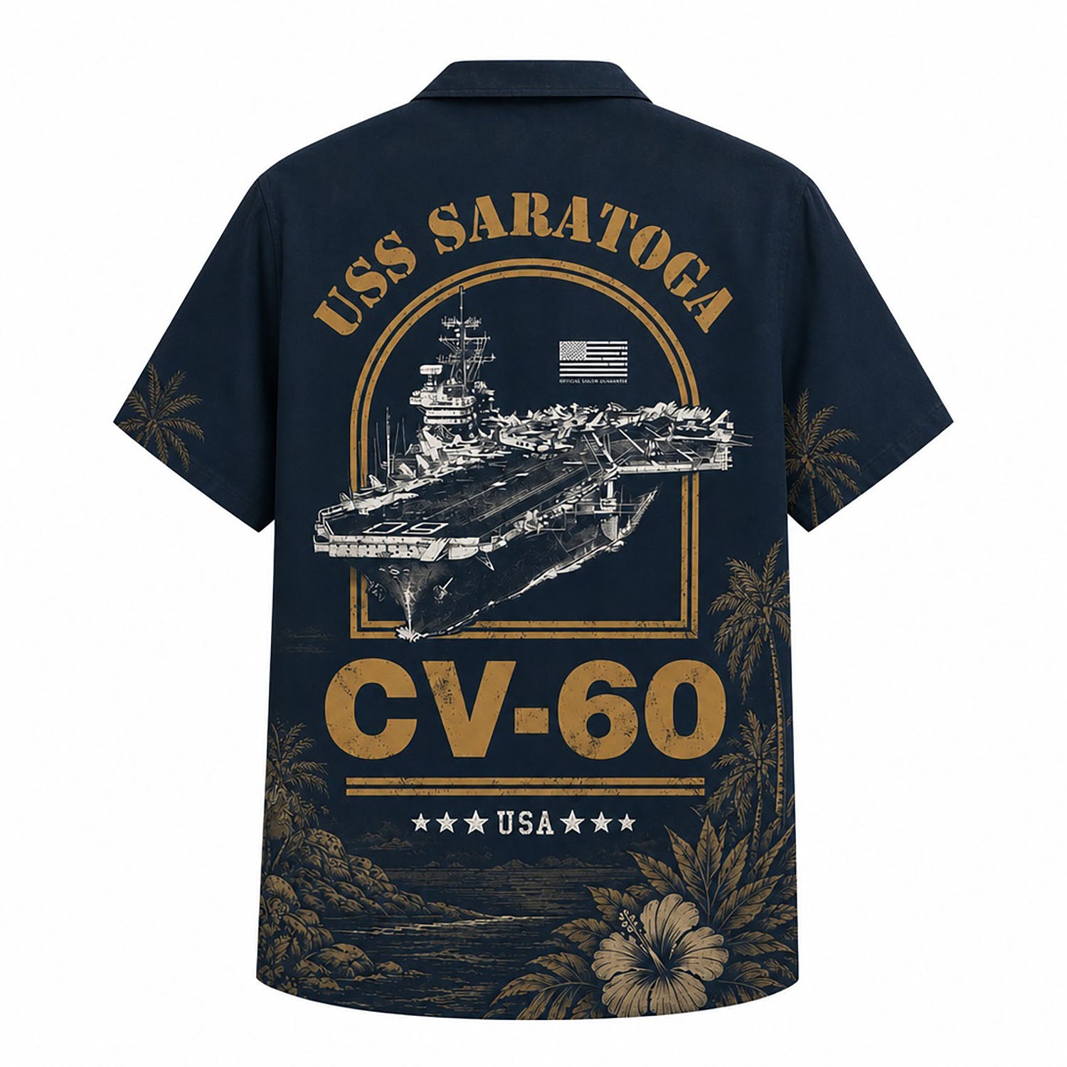 Back view mockup of the navy blue military shirt showing the large rectangular vintage USS Saratoga CV-60 emblem layout