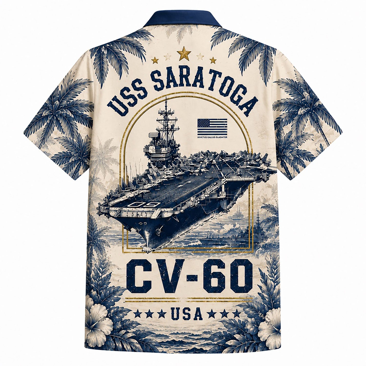 Back view mockup of the two-tone military shirt showing the large rectangular vintage USS Saratoga CV-60 fleet emblem layout