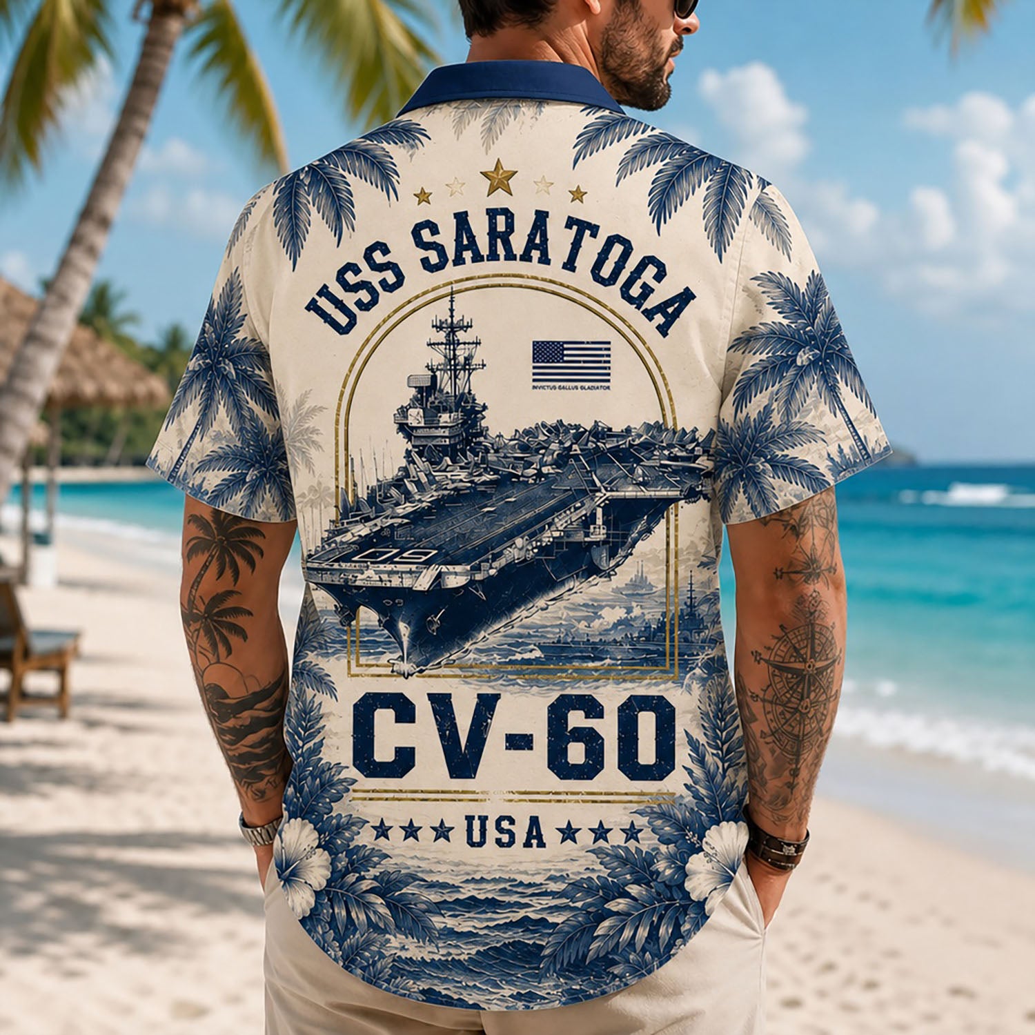 Back view lifestyle of a man showing the striking blue and gold USS Saratoga CV-60 Veteran commemorative insignia