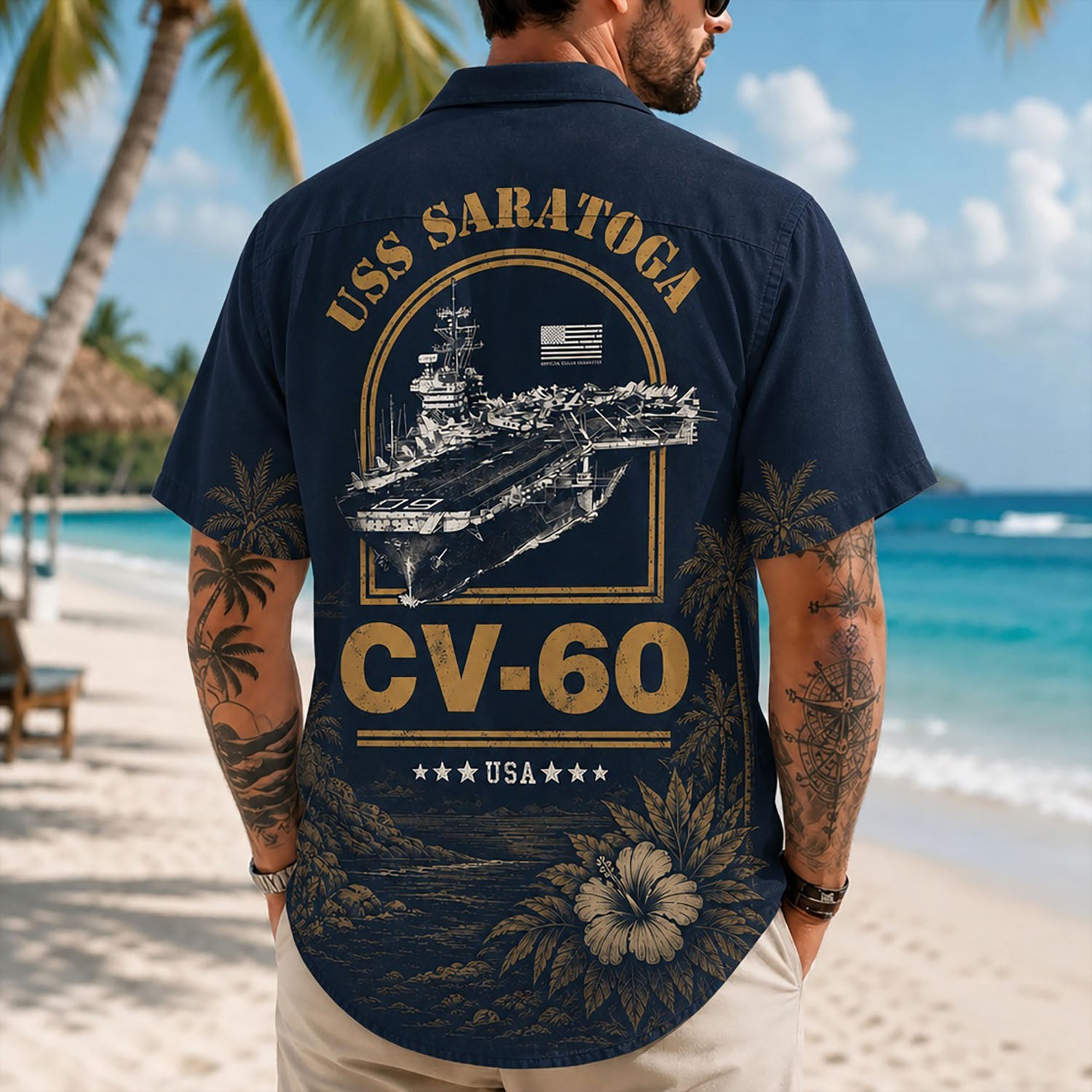 Back view lifestyle of a man showing the striking gold-toned USS Saratoga CV-60 Veteran commemorative insignia on a navy background
