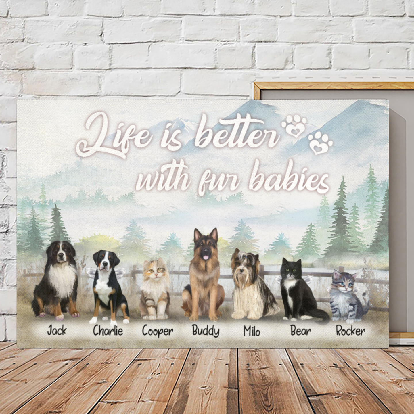 Custom Canvas Prints For Friends/Pet Lovers - Amazing Gift Personalized With Dogs/Cats Breed & Names - Life is better with fur babies (Front Pets) - (Up To 7 Pets/Dogs/Cats)