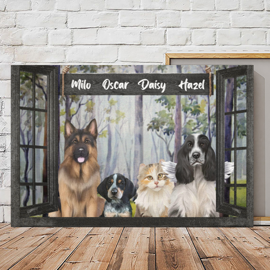 Personalized Canvas/Poster Prints For Friends/Pet Lovers - Best Gift Personalized With Dogs/Cats Breed & Names - Pets through the window - (Up To 4 Pets/Dogs/Cats)