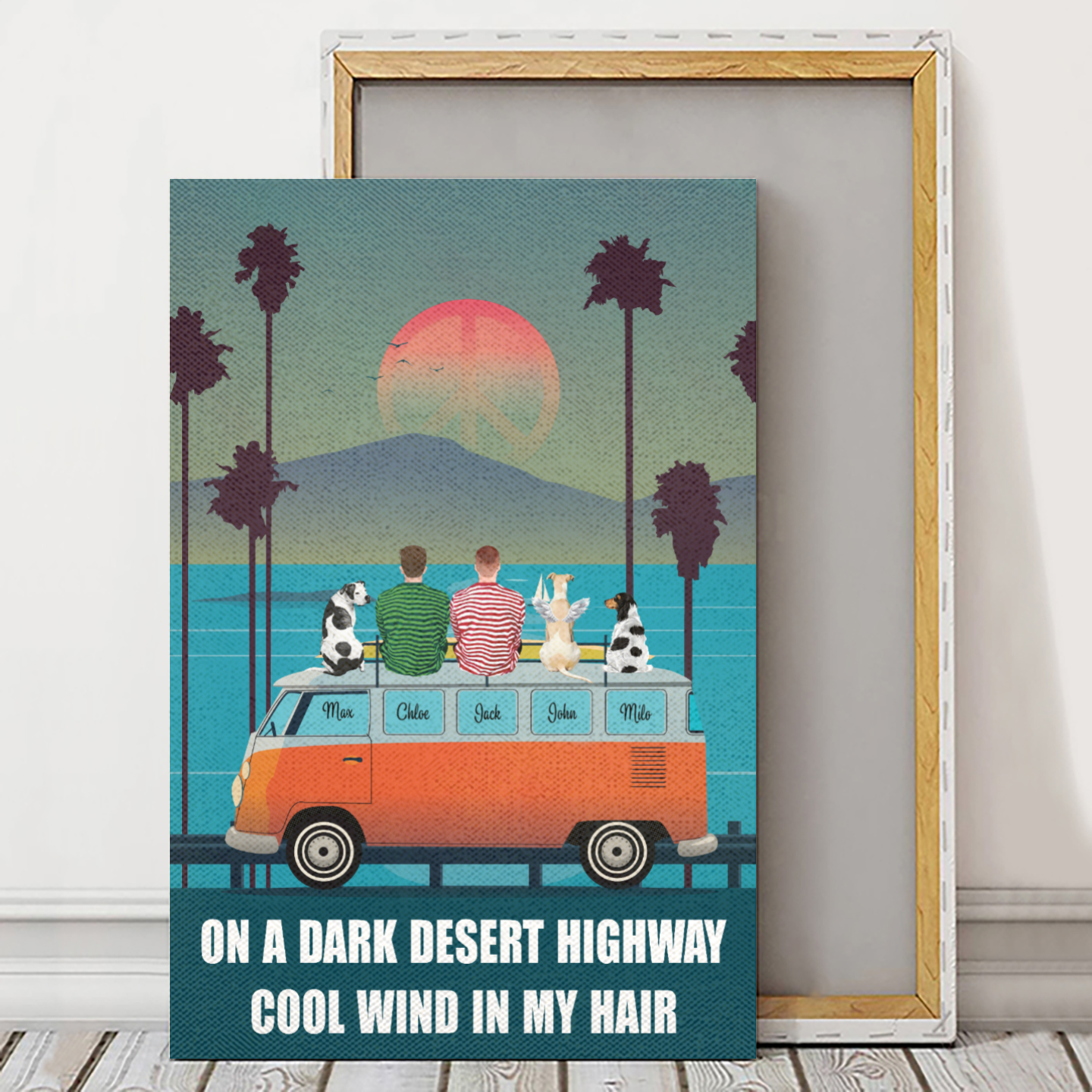 Personalized Canvas/Poster Prints For Friends/Pet Lovers - Unique Gift Custom With Dogs/Cats Breed & Names - Two Dads and Pets on the bus - (Up To 3 Pets/Dogs/Cats)