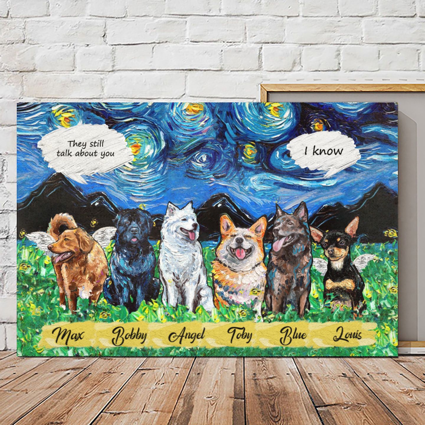 Personalized Canvas/Poster Prints for Friends/Pet Lovers - Best Gift Custom With Dogs/Cats breed & Names - Dogs/Cats on the grass Conversation Oil Painting - (Up to 6 Pets/Dogs/Cats)