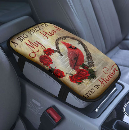 A Big Piece Of My Heart Lives In Heaven Red Rose Cardinal Car Center Console Cover, Christian Armrest Pad Cover, Religious Car Accessory