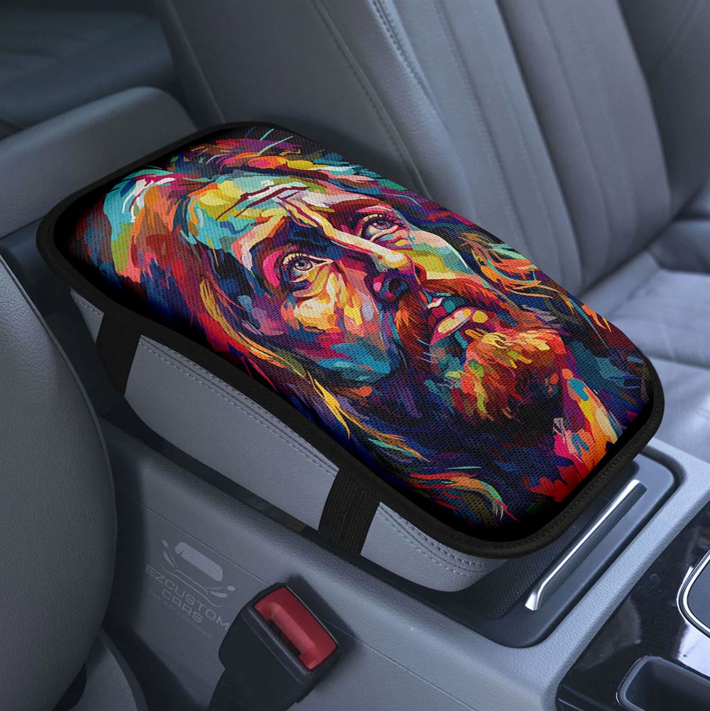 A Portrait Of Jesus Car Center Console Cover, Jesus Armrest Pad Cover, Christian Car Accessory