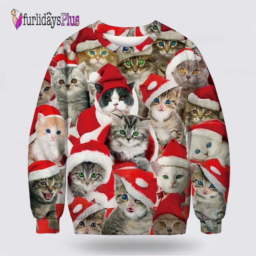 Adorable Cat With Red Hat Ugly Christmas Sweater, Cat Lover Christmas Sweater