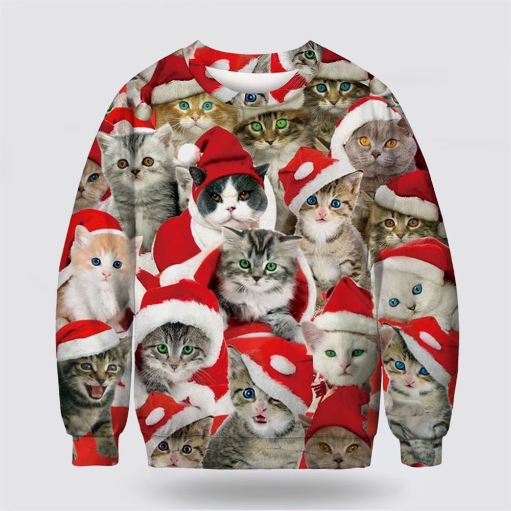 Adorable Cat With Red Hat Ugly Christmas Sweater, Christmas Sweater For Cat Lover