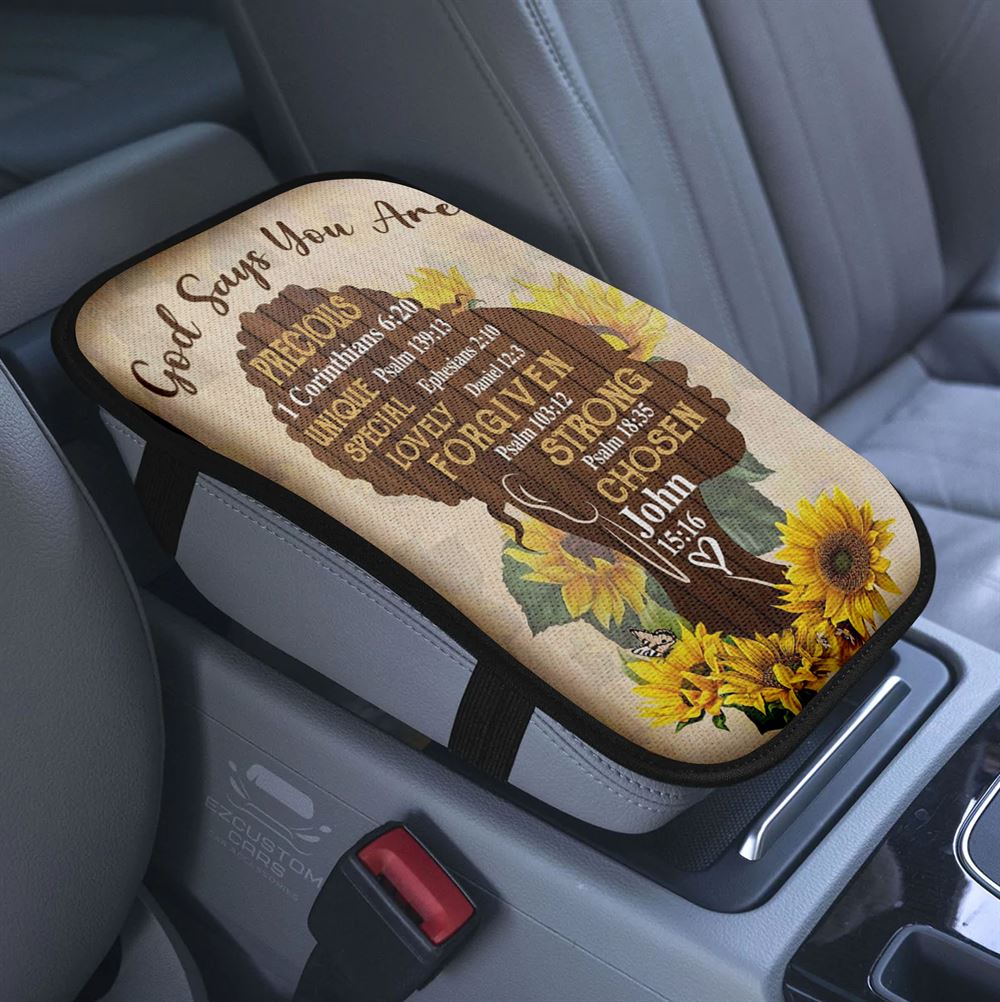 African American God Says You Are Sunflower Car Center Console Cover, Bible Verse Armrest Pad Cover, Scripture Car Accessory