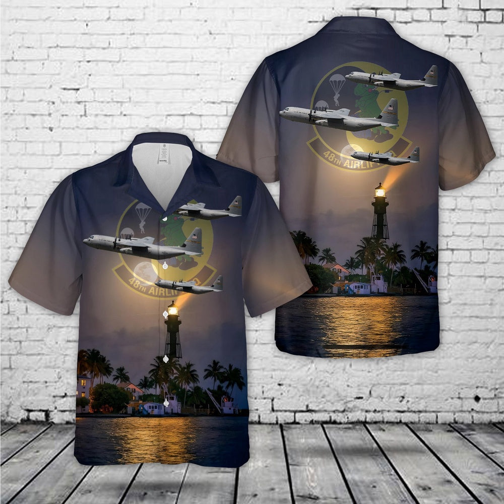 Air Force Hawaiian Shirt, US Air Force 48th Airlift Squadron C-130J-30 Hercules Hawaiian Shirt, Air Force Aloha Shirt