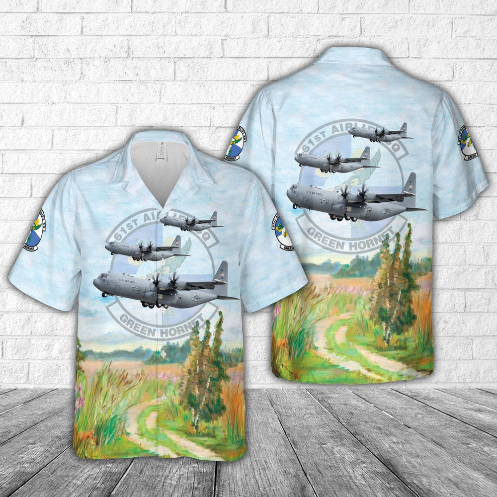 Air Force Hawaiian Shirt, US Air Force 61st Airlift Squadron Lockheed C-130J Hercules Hawaiian Shirt, Air Force Aloha Shirt