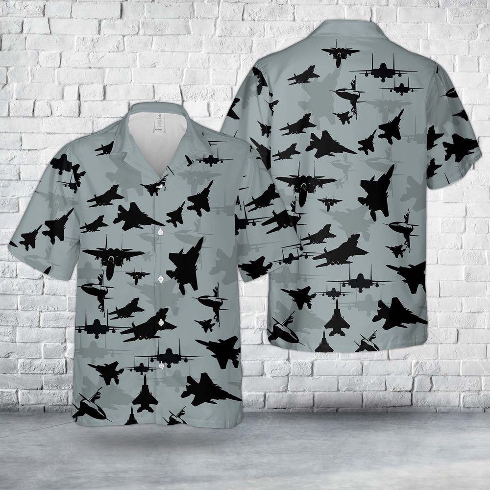 Air Force Hawaiian Shirt, US Air Force Boeing McDonnell Douglas F-15 Eagle Aircraft Silhouettes Hawaiian Shirt, Air Force Aloha Shirt