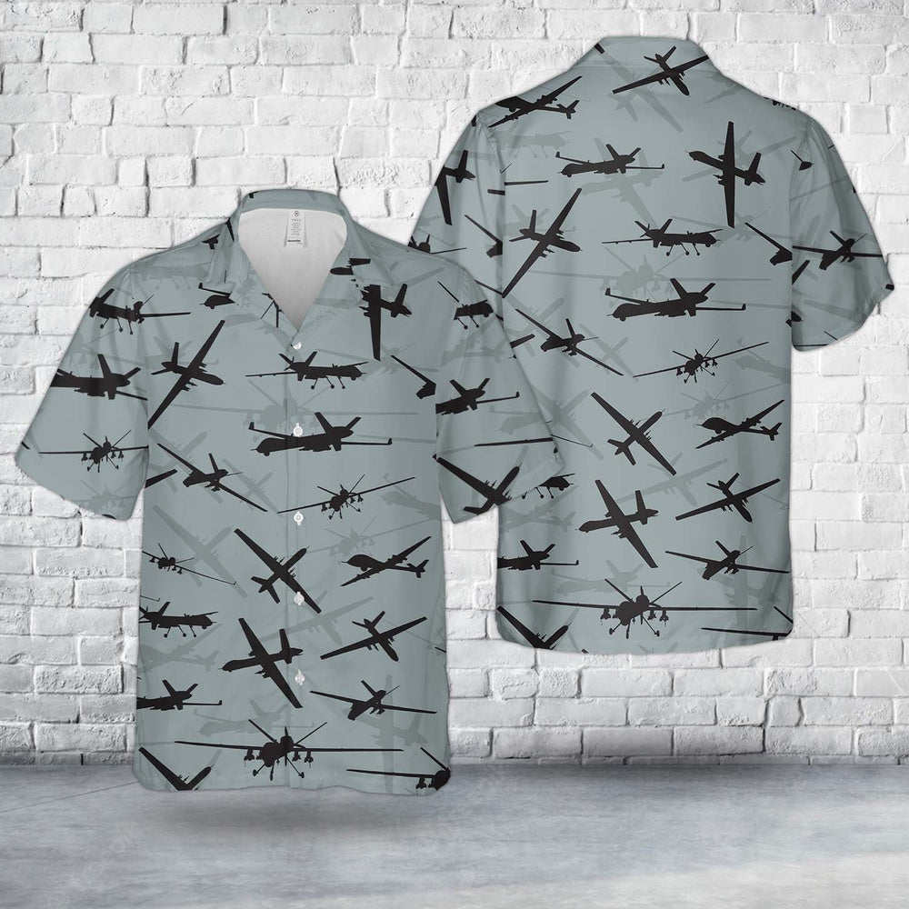 Air Force Hawaiian Shirt, US Air Force General Atomics MQ-9 Reaper Aircraft Silhouettes Hawaiian Shirt, Air Force Aloha Shirt